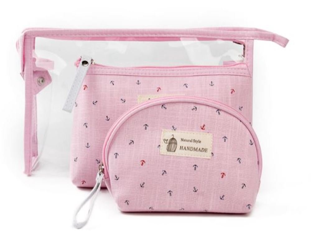Clear Cosmetic Bag Set for Women & Kids.3 pcs Makeup Organiser with Canvas & PVC Toiletry Kit. See Through Wash Bag or Pencil Case.Ideal for Camping Vacation Hiking or Bathroom Storage (Pink)