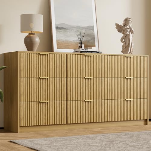 Image of Furniway Mid Century Modern Dresser for Bedroom, 9 Drawer Wood Dresser with Fluted Front and Smooth Slides, 63 inch Wide Chest of Drawers, Natural Oak