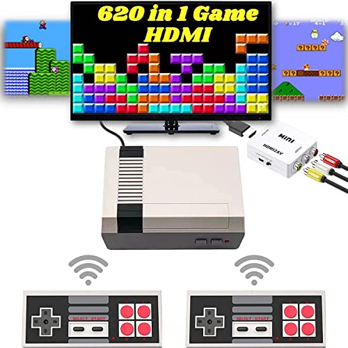 HD 620 Retro Game Console, Mini Classic Game System with 2 NES Classic Wireless Controllers and Built-in 620 Games, AV Output and HDMI HD Output Plug & Play Childhood Mini Classic Console, Birthday Gifts.
