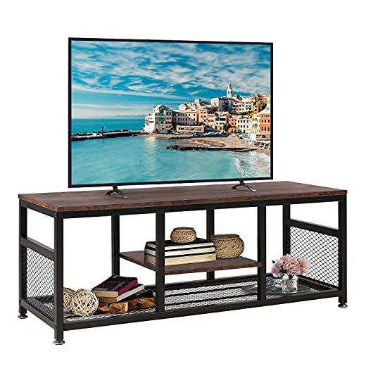 VECELO TV Stand for 55 Inch, Entertainment Center Media Console Table with Storage for Living Room and Bedroom, 47 Inch, Brown+Black