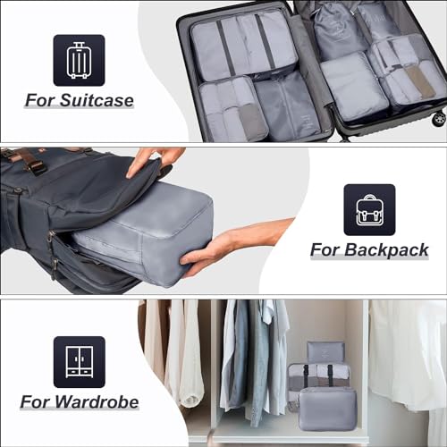 Image of 7pcs Set Travel Organizer Packing Cubes Lightweight Travel Luggage Organizers with Laundry Bag or Toiletry Bag Laundry Organiser. (Grey)