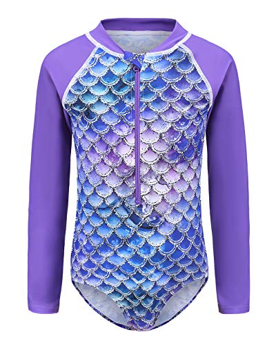 Image of Girls One Piece Rash Guard Long Sleeve Swimsuits for Girls UPF 50+ Sun Protection Bathing Suits 3-16 Years