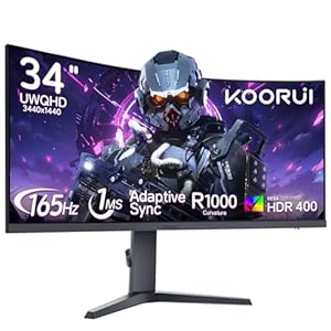 KOORUI 34-inch 1000R Curved Ultrawide Gaming Monitor – 165Hz 1ms WQHD (3440×1440), FreeSync/G-Sync, HDR400, PIP/PBP, Height/Tilt/Swivel Adjustable, HDMI/DP, Wall Mountable