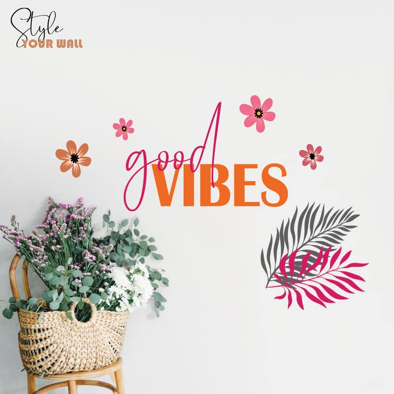 Image of Kotart - Pink and Orange Flowers and Leaf Printed Wall Stickers for Living Room Bedroom Kids Room - Good Vibes Vinyl Wall Decals for Studio and Home Decor