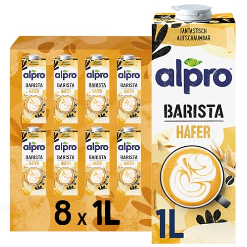 Alpro Barista Haferdrink – Zum Aufschäumen – Vegan und milchfrei – Von Natur aus laktosefrei – Reich an Ballaststoffen, Calcium und Vitaminen – 8 x 1 L – Haltbar