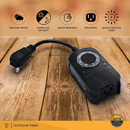 Austin Light Co. - 1 Socket - Outdoor Outlet Timer With Photocell Light Sensor, Weatherproof – Black - Ul Listed. Commercial Grade. Great For Christmas, Holiday Lights, Patio, Backyard, Home #TOP3