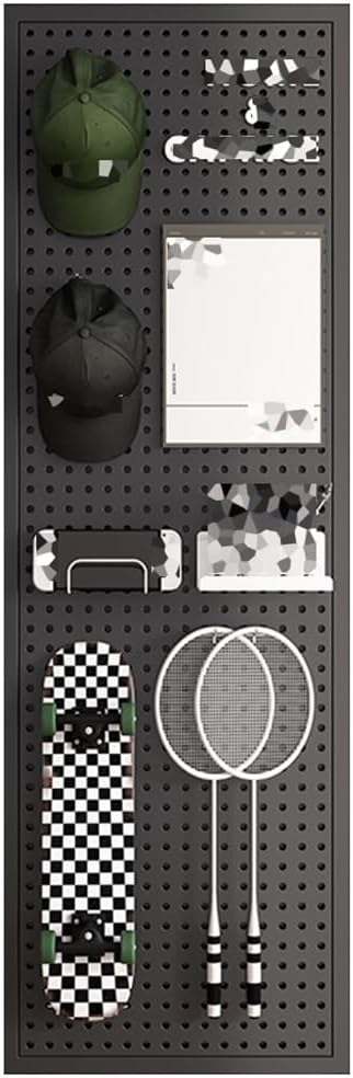 Metal Peg Board Wall Organizer with 20 Hooks Wall Mounted Perforated Storage Rack for Garage Kitchen Bathroom Study Round Hole Display Pegboard (Black 60x160x1cm)