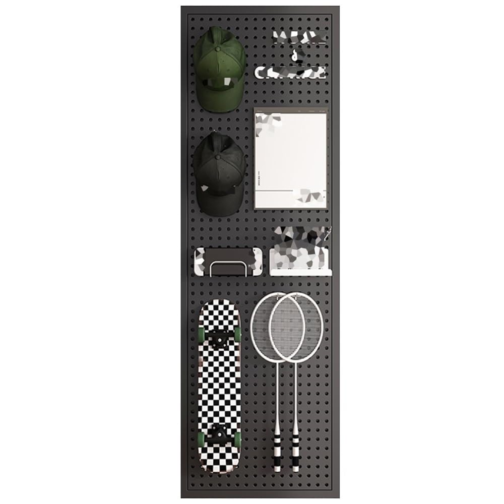 Metal Peg Board Wall Organizer with 20 Hooks Wall Mounted Perforated Storage Rack for Garage Kitchen Bathroom Study Round Hole Display Pegboard (Black 60x160x1cm)