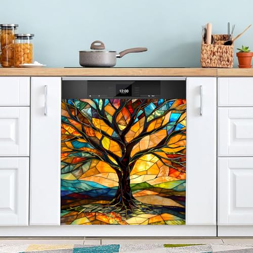 Image of Colorful Tree Dishwasher Magnet Cover for Washers Fridge Cover Panel Decal Home Kitchen Decor,Washing Machine Cabinet Reusable Dishwasher Covers,26 x 23 inch