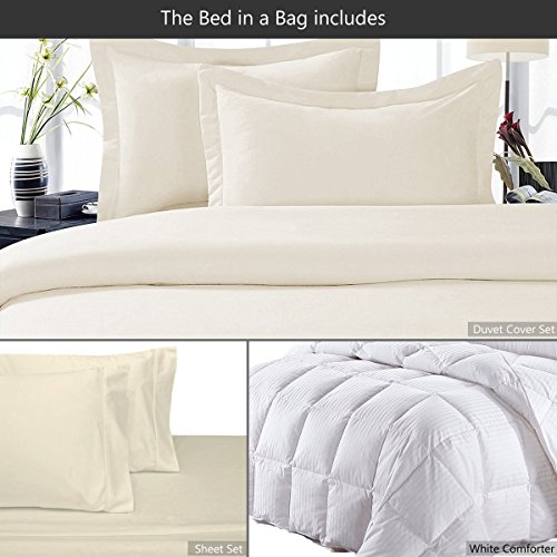 8 Pieces 100% Cotton Solid Ivory California King Goose Down Bed In A Bag Set Including 300Tc (Sheet Set + Duvet Cover Set) + All Season White Striped Goose Down Comforter 600 Fill Power #TOP1