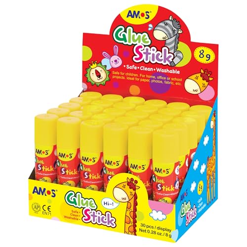 AMOS Glue Sticks â€” 8 g (0.28 oz), 30 Sticks in Display Box, Kidâ€™s Design for School, Office & Crafts â€” Washable, Non-Toxic, Acid-Free