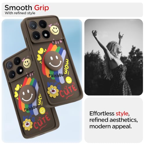 Image of Pikkme Back Cover for Poco X6 Pro 5G | Soft Silicone| Cute Rainbow Smile & 3D Cartoon Flower Design | Shockproof Raised Camera Protection Bumper Case (Brown)