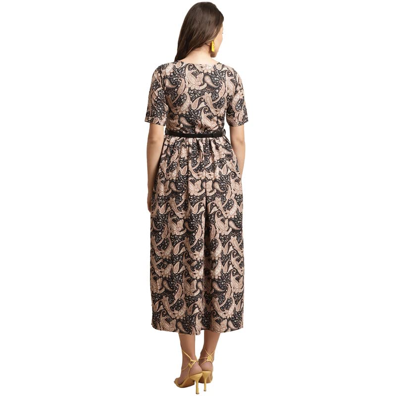 Preneum Girls's Georgette Floral Printed 3/4 Slevees A-Line Fit & Flare Gown With Belt, Black, L