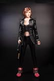 1/6 Ratio of Women's Clothing，Motorcycle Leather Suit, spy Suit,1 Black Medium Length Leather Jacket+1 Black top+1 Pants