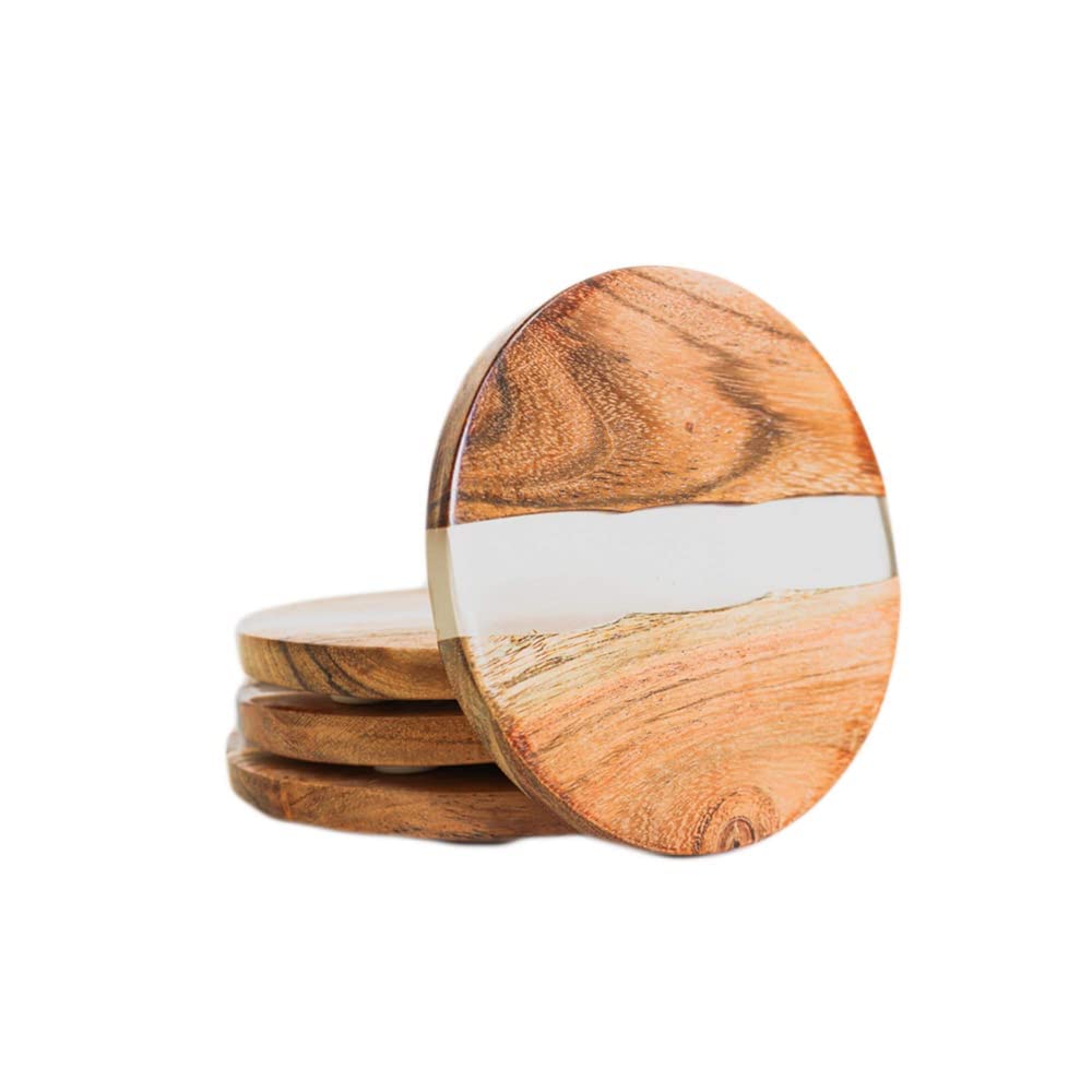 MeDecor Wood Coasters for Coffee Table - Round Absorbent Natural Acacia Wood and Resin 4 - Piece Coaster Set for Drinks - Reusable Coasters Handcraft Set of 4 (Wood)