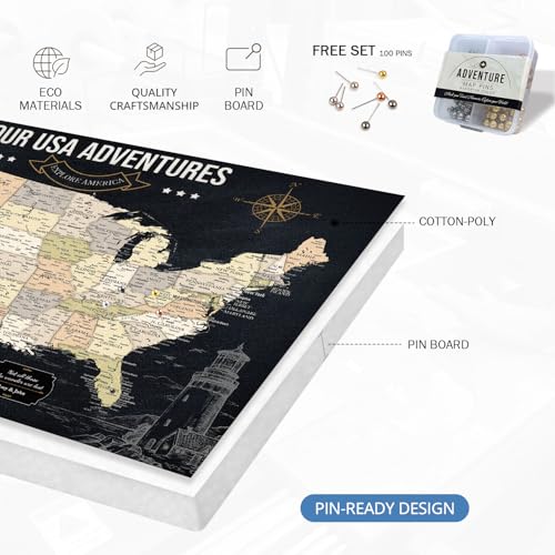 Image of IPIC - Personalized USA Map Canvas Wall Art, Oversized Pinnable Board America to Mark Travels, Custom Artwork with Names, USA Travel Map for Home, Office, Study or RV, Ready to Hang