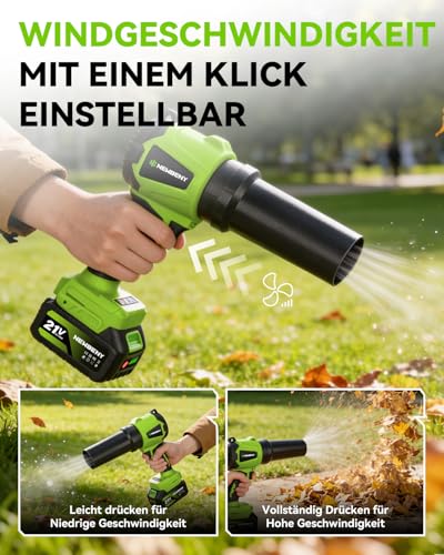 Akku-Laubbläser, Newbeny Bürstenloser Motor Turbo Handgebläse Akku 33000RPM, Mit 2 x 3000 mAh Akku, 3 Geschwindigkeiten Luftmenge 300m/s Ideal FüR Laub/Schnee/Staub/Kohlenstoff/SäGemehl