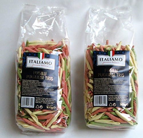 Italiamo: "Fusilli Pugliesi Tris", Tricolored Durum Wheat Semolina Pasta 17.6 Ounce (500g) Packages (Pack of 2) [ Italian Import ]