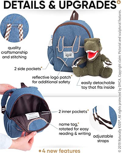 Naturally Kids Medium Dinosaur Backpack - Dinosaur Toys For Kids 5-7 - Kids Backpack For Boys Girls W Stuffed Animal - Gifts For 6 Year Old Boy - W Pockets & Reflective Logo - Backpack W Green T Rex #TOP4