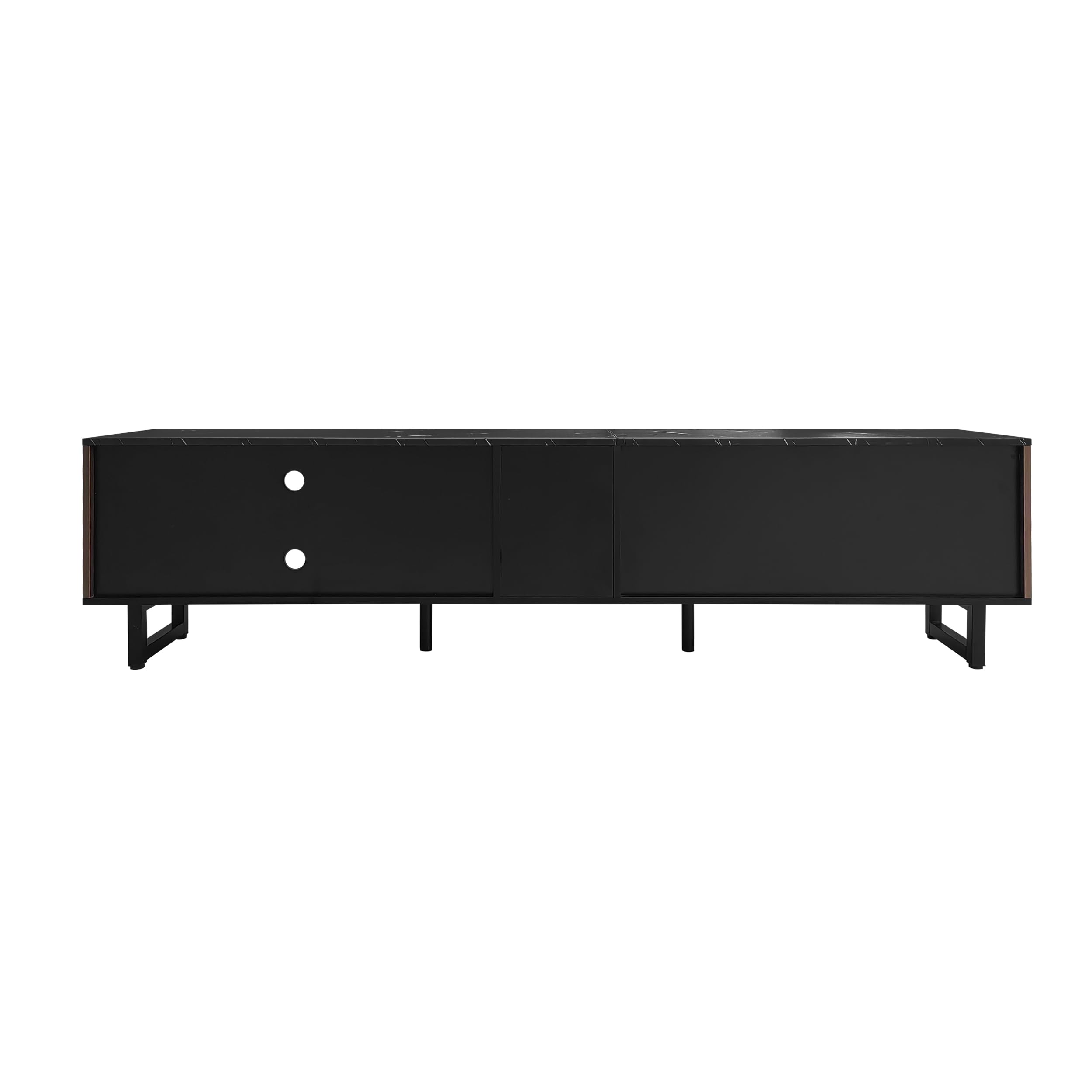 Mueble de TV de 200 cm con aspecto de mármol negro, puertas de vetas de madera oscura, iluminación LED ajustable, dos puertas y dos cajones, adecuado para robot aspirador, 200 x 50 x 38 cm