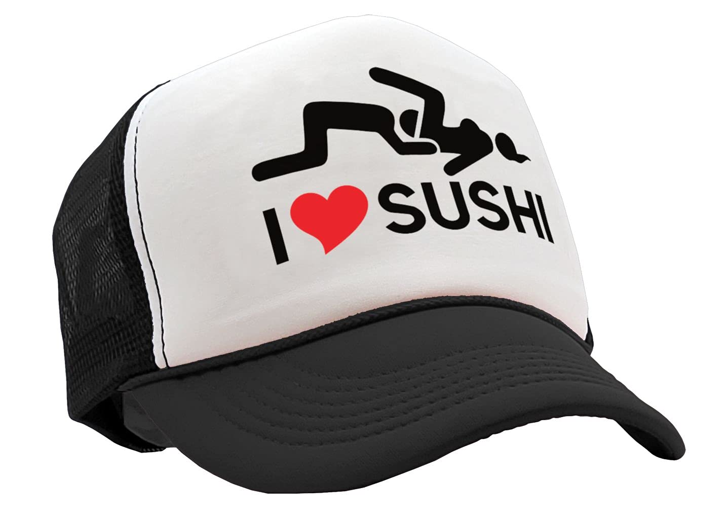 I Heart Sushi - 69 eat Out Sexy Down Town - Vintage Retro Style Trucker Cap Hat (Black)