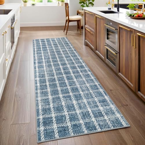 ROYHOME 2x6 Runner Rug for Hallway Light Blue Checkered Rugs Washable Mat
