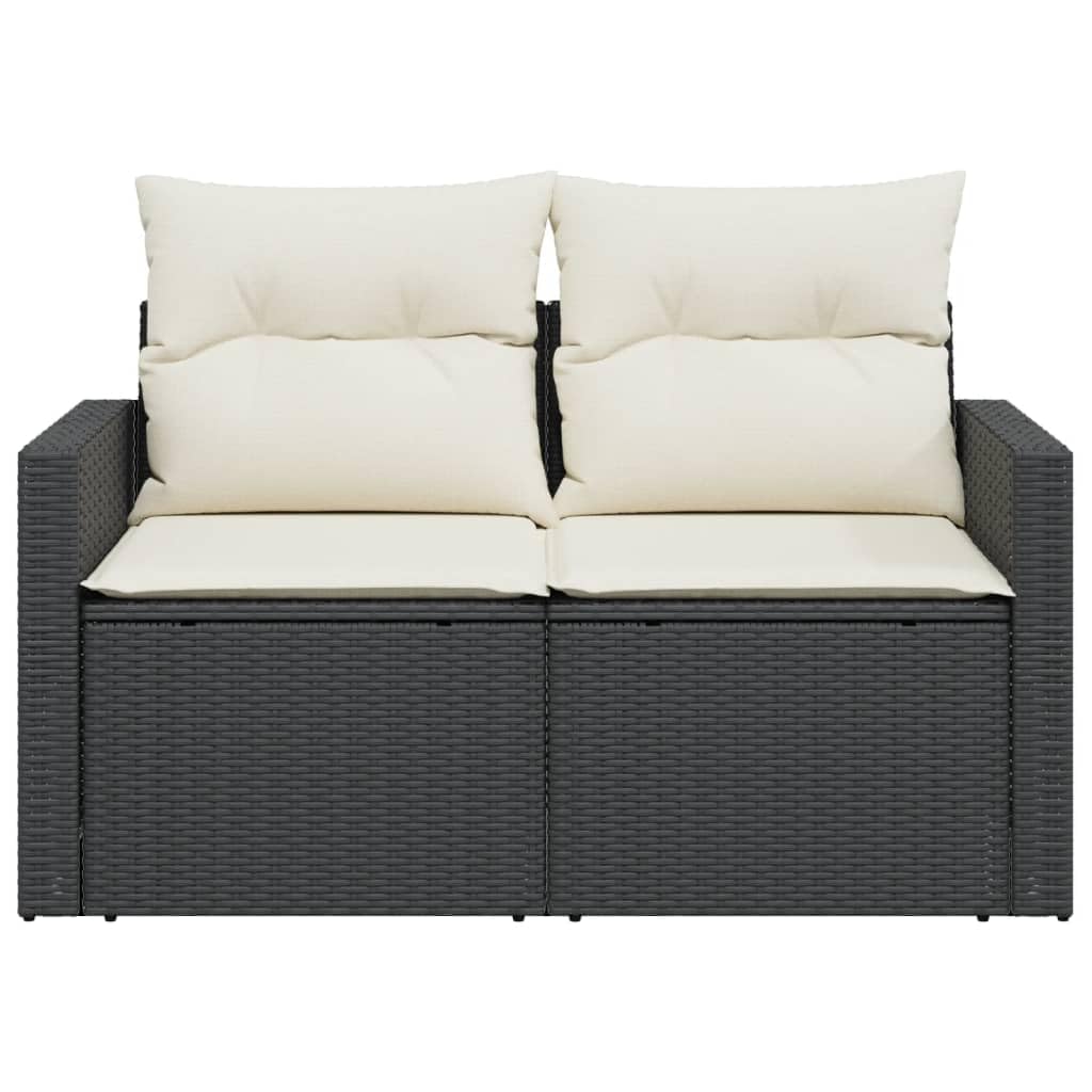 Sofá de jardín de 2 plazas, color negro, ratán sintético, 124 x 62 x 69 cm, con reposabrazos plegables, cojín blanco crema, resistente a la intemperie, balcón, terraza