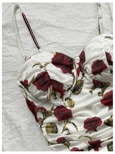 Image of SOLY HUX Women's Summer Floral Corset Dress Spaghetti Strap Ruched Mesh Bodycon Vacation Mini Dresses