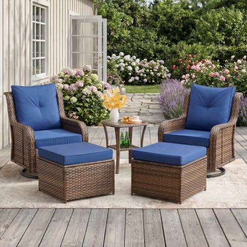 Wumiokio Patio Furniture Sets, Wicker Outdoor Furniture - 360 Degree Swivel Rocking Chairs and Rattan Side Table for Garden,Porch,Backyard (Brown Wicker/Blue Cushion, 5PCS - Swivel Chairs & Ottoman)