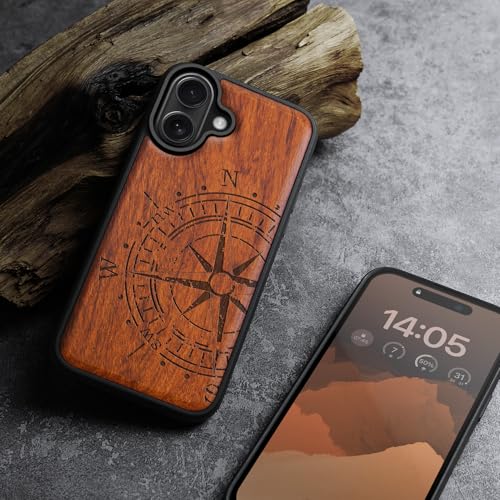 Image of Carveit Wood Case for iPhone 16 Plus, The Incomplete Compass, Rosy | Magnetic iPhone 16 Plus Case Compatible with MagSafe Wireless Chargers, Engraved Wood with Soft TPU Shockproof Bumper