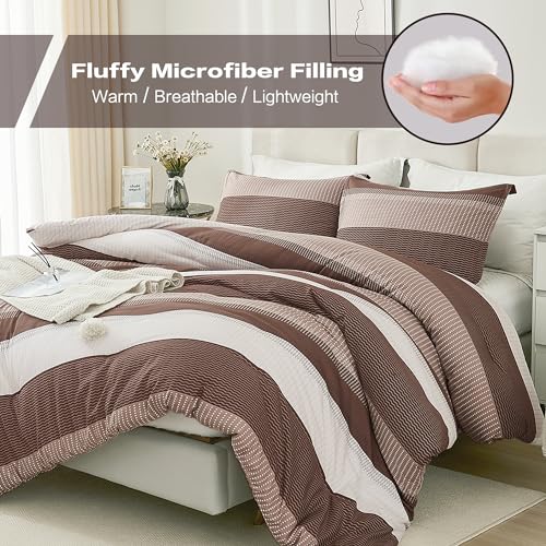 Litanika Brown Comforter Set California King - 3 Pieces Lightweight Brown White Colorblock Stripe Fluffy Bedding Comforter Sets, All Season Bed Set