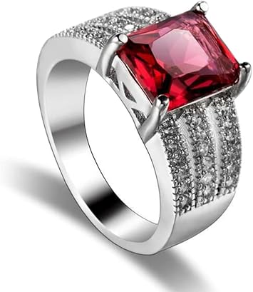 Koguxuix 925 Sterling Silver Shiny Perfect Princess Cut Ruby CZ Crystal Diamond Wedding Ring Size 6-10 Size 7