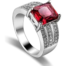 Koguxuix 925 Sterling Silver Shiny Perfect Princess Cut Ruby CZ Crystal Diamond Wedding Ring Size 6-10 Size 7