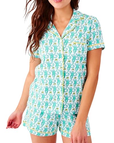 HMPEAIIY Women Y2k Pajamas Set Cute Preppy 2PCS Button Down Holiday Monkey Shorts Matching Summer Outfit Beach Vacation Loungewear PJs for Christmas Thanksgiving Gift(Monkey#Mint Green XX-Small)