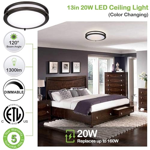 Hykolity 13 Inch Flush Mount Led Ceiling Light Fixture, 2700K/3000K/3500K/4000K/5000K Adjustable Ceiling Lights, Oil Rubbed Bronze Saturn Dimmable Lighting For Bathroom Kitchen thumb #2