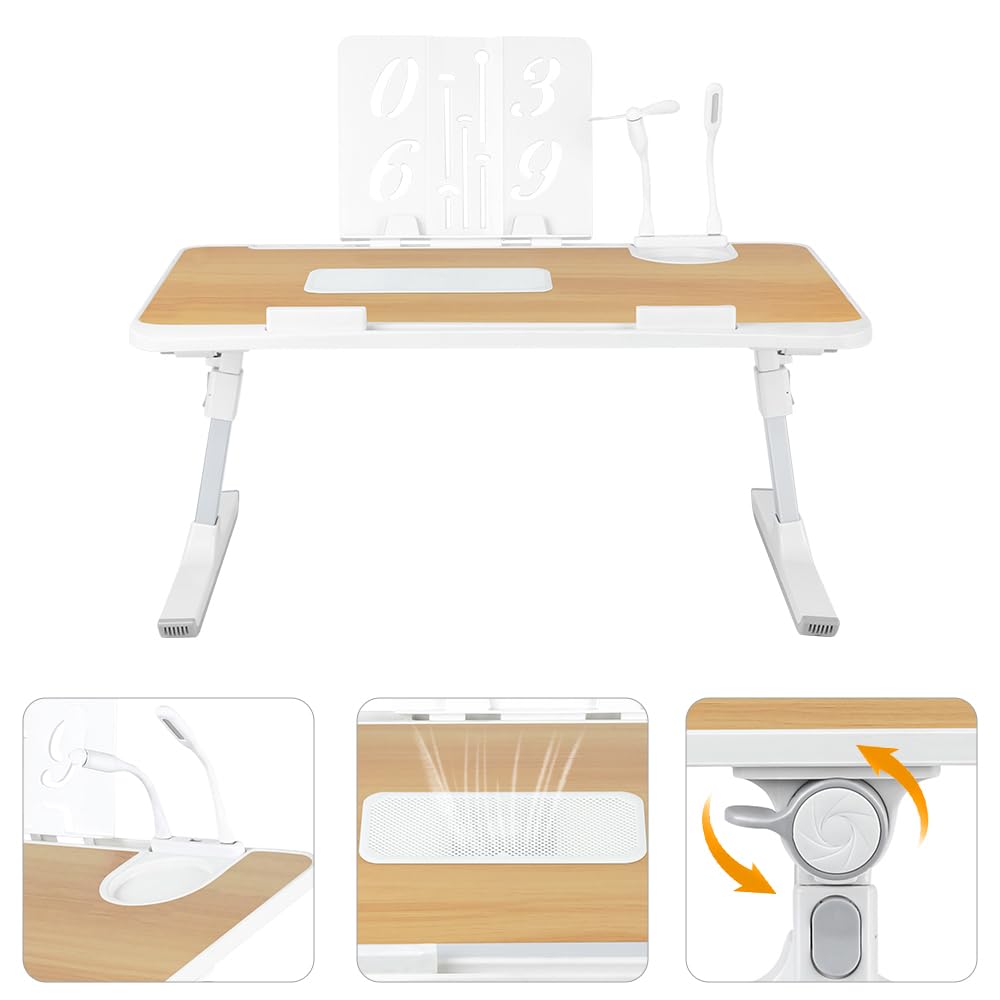 Tavolo da letto per computer portatile, supporto per computer regolabile in altezza e angolo, piano letto con cassetti e porte USB, ventilazione, pieghevole, reclinabile (60 x 40 x 40 cm, porta libro)