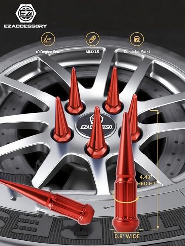Image of EZAccessory 14x1.5 Spline Spike Lug Nuts 24 Pieces Red with Key Bulge Acorn Lug Nut for Chevy Silverado GMC Sierra 1500 2500 3500