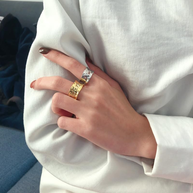 Ringe Silber,Leichter Luxuriöser Gehämmerter 925 Sterling Silber Ring Band Stapelbarer Daumen Goldring für Frauen Mädchen Minimalistischer Plissierter Offener Größenverstellbarer Ring