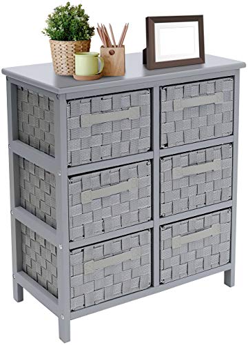 Sorbus 6-Drawer Storage Wooden Chest Nightstand End Table with Woven-Strap Fabric Basket Bins Drawers, Great Storage Solution for Home, Bedroom, Closet, Bathroom Organization Decor (6-Drawer, Gray)