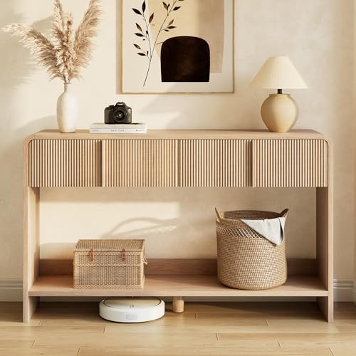 Image of AMERLIFE 55 inch Fluted Console Table with 2 Drawers and Open Shelf, Modern Entryway Table with Rounded Edges, Wood Sofa Table for Hallway, Foyer, Behind Couch, Living Room, Natural Oak