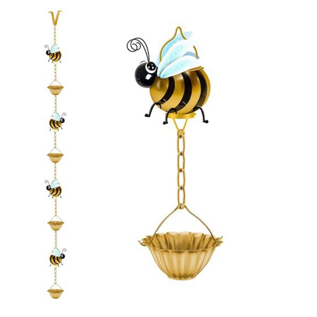 Whimsical Bee Rain Chain, Metal Gold-Plated Tiered Rainwater Collector, Hanging Water Chain Wind Chimes for Outside, 4 Bee Cups, Outdoor Garden, Patio, Balcony, Yard Decor Gift