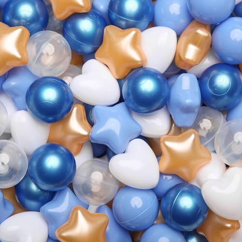 GOGOSO Shape Ball Pits Balls, Star Heart Plastic Play Balls for Toddlers Kids Children, DIY Giant Friendship Bracelet Banner,100PCS,Pearl Blue+Pearl Gold