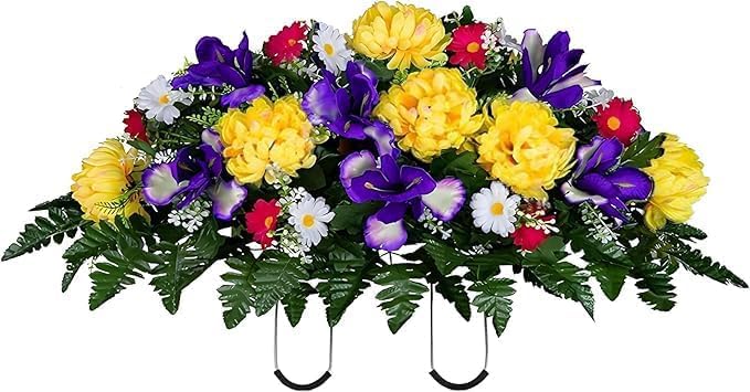 Artificial Iris Mums Daisy Cemetery Flowers - Realistic - Outdoor Grave Decorations - Saddle for Headstone,Outdoor Tombstone Memorial Decorations, Easy Fit (Yellow Purple) image 4