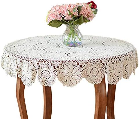USTIDE 60" Round Lace Tablecloth Beige Crochet Table Cloths Elegant Floral Table Covers Handmade Table Cloth