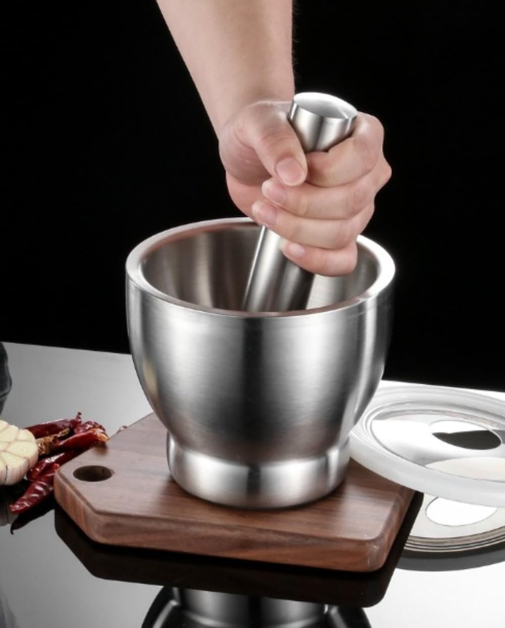 CokBlu蓋付きステンレス製乳鉢乳棒セット 静音ミニスパイスグラインダーボウル ガーリックストーン付き 家庭用スパイス・ベビーフー