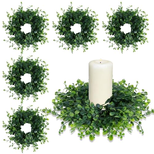 6 Pcs Mini Green Boxwood Candle Rings Wreaths Spring Summer Kitchen Cabinet Swags Wreath 3 Inch Wedding Rings Wreaths Pillar Candle Holder for Wedding Home Door Tabletop Decorations