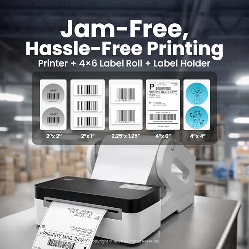 Image of helett H30C Lite 4x6 Shipping Label Printer with Label Holder | 203 DPI USB Thermal Barcode Printer | Adjustable Size | Windows /Mac /Linux Compatible | High-Speed 152mm /s | White + Label Stand