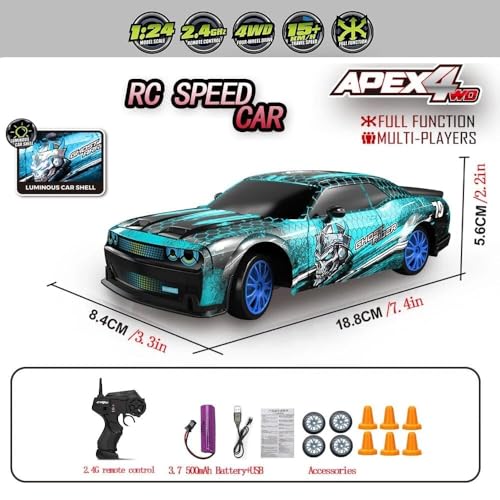 Image of RC Drift Car 2.4GHz 1:24 Scale 4WD Remote Control Car 15KM /H High Speed Drifting RC Cars with Cool Lights,and Extra Tires Toys for Kids.. (Blue)