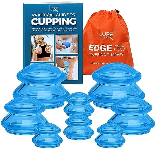 LURE Essentials Edge Cupping Therapy Set – Cupping Kit for Massage Therapy – Silicone Cupping Set – Massage Cups for Cupping Therapy, (8 Cups – 2L, 2M, 4S, e-Book) (Blue)