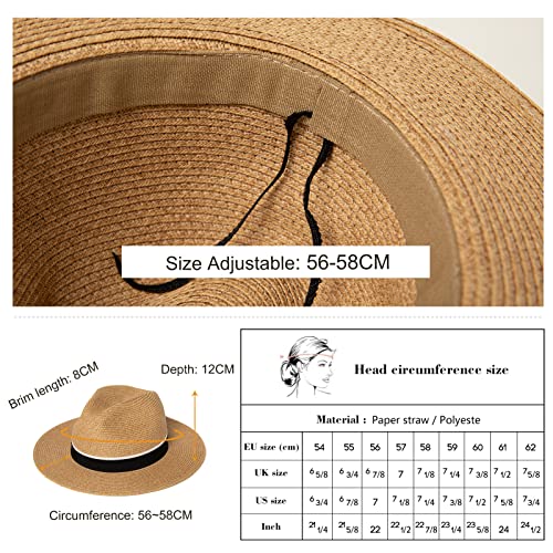 Comhats Women Straw Sun Fedora Hat For Women,Packable Beach Hat Wide Brim Panama Hat Uv Upf 50+ Summer Hat Khaki #TOP5